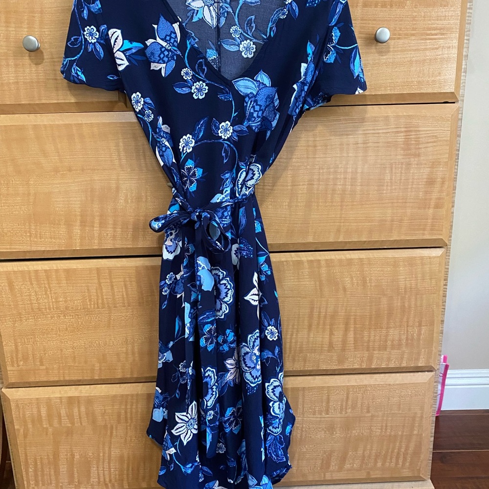 Gap Blue Floral Tie Waist V neck dress cap sleeve XS